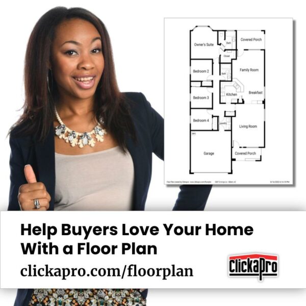 Realtor giving the thumbs up sign wile standing next to a real estate floor plan and text reading "Help Buyers Love Your Home With a Floor Plan" and the Clickapro logo