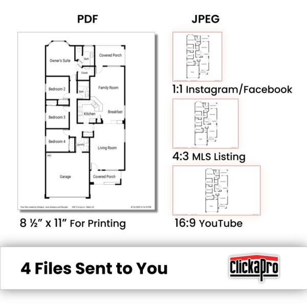 Four different sizes of a real estate floor plan are depicted, 8 1/2" x 11", 1:1, 4:3 and 16:9