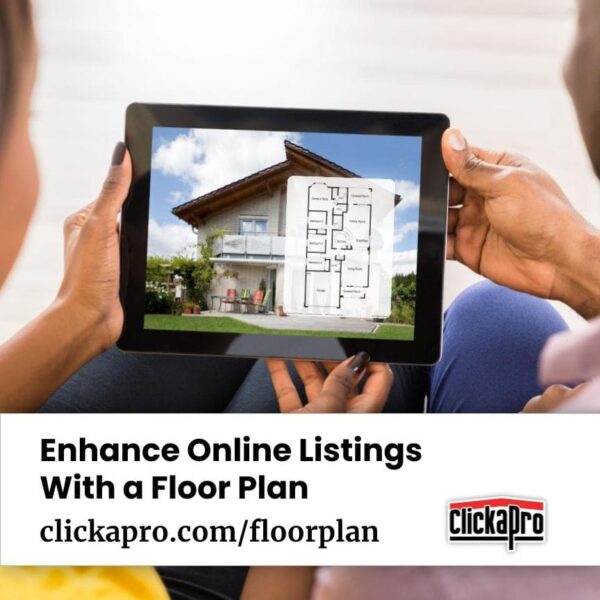 Two people holding a mobile device that is displaying a real estate listing that has been enhanced with a floor plan and text reading "Enhance Online Listings With a Floor Plan"