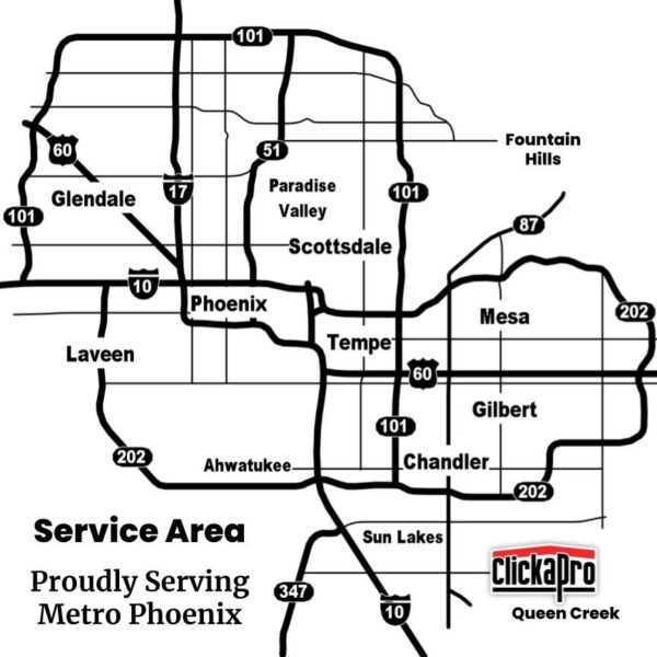 A map of the Greater Phoenix Area with the Clickapro logo and text reading "Service Area"