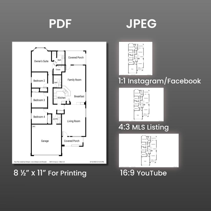 This is an image of what is included with Clickapro real estate floor plans. You will receive 1 PDF and 3 JPG files