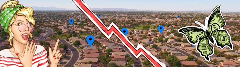 Aerial View of a Phoenix Arizona Suburban Neighborhood. The neighborhood is covered by a market downtrend symbol. There is also the illustration of a butterfly with dollar wings and a surprised woman.