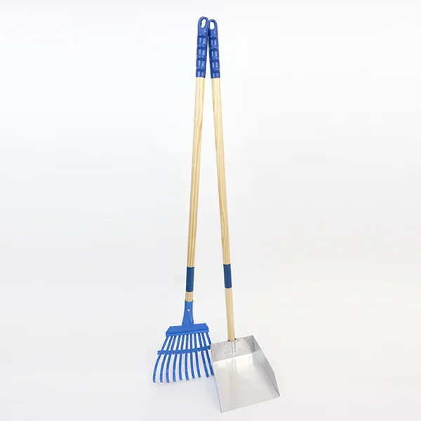 A Dog Poop Removal Tool That Consists Of A Metal Receiving Pan With A Tall Handle And A Blue Rake With A Tall Handle