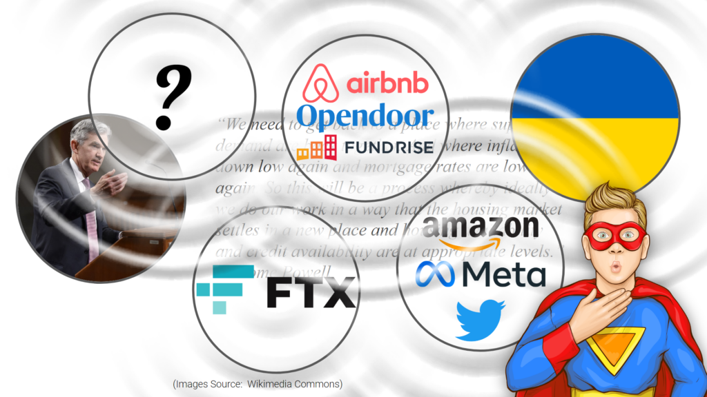 Infographic showing how external factors like geopolitical tensions, layoffs, bankruptcies, new real estate technologies, and unpredictable future events that could shift the real estate market in unexpected ways.