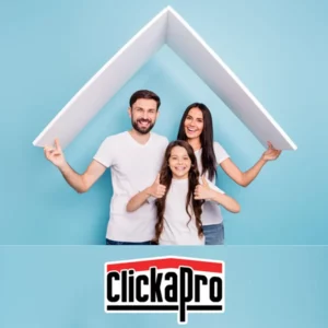 Family of 3 holding a white roof shaped object overhead. The family is happy because they ordered a roof inspection and estimate from Clickapro