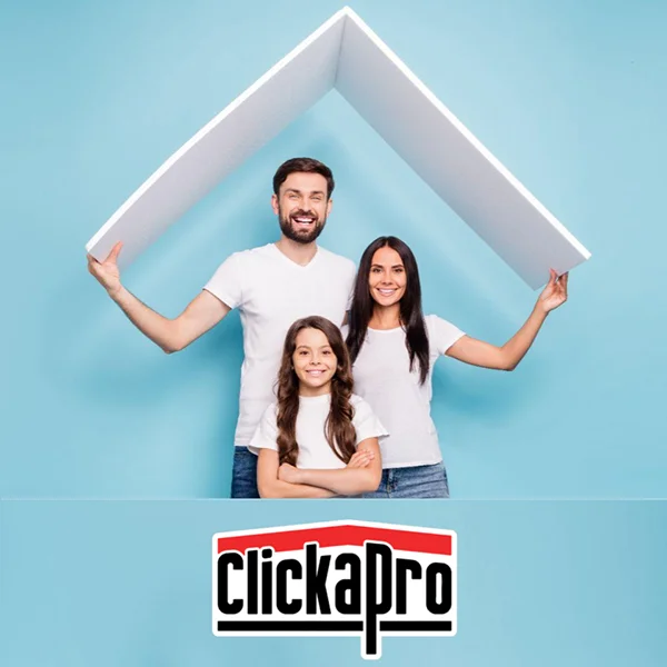 Roof Estimate and Inspection Provided by Clickapro. A family of 3 standing in front of a blue background and holding a white board over their heads in the shape of a roof.