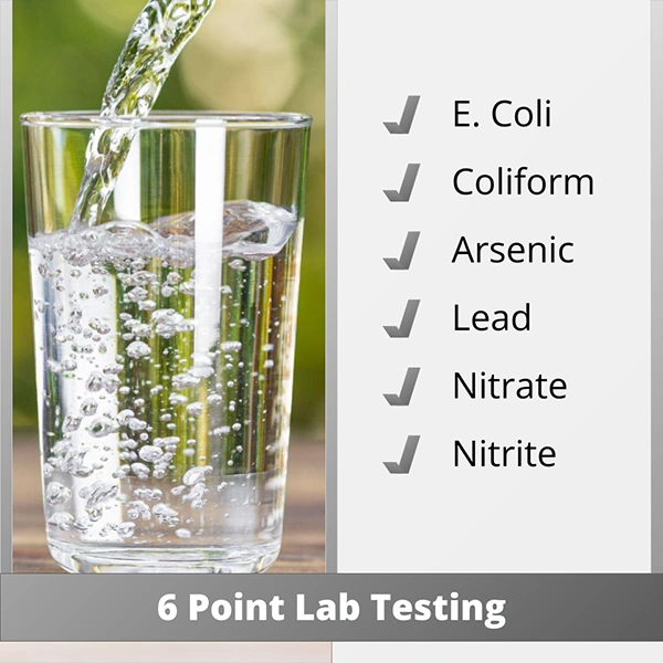 A refreshing glass of clear water and a check list. The checklist are the 6 water tests performed when you order a water test at clickapro.com: E. Coli Coliform Arsenic Lead Nitrate Nitrite