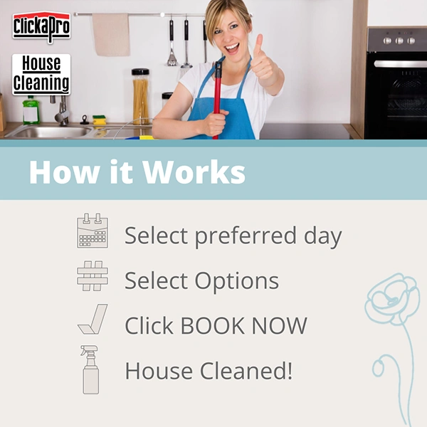 A woman in an apron is giving the thumbs up and smiling at the camera while standing in a kitchen that she cleaned. The caption reads "How it Works". The bullet points are: Select preferred day Select Options Click BOOK NOW House Cleaned!