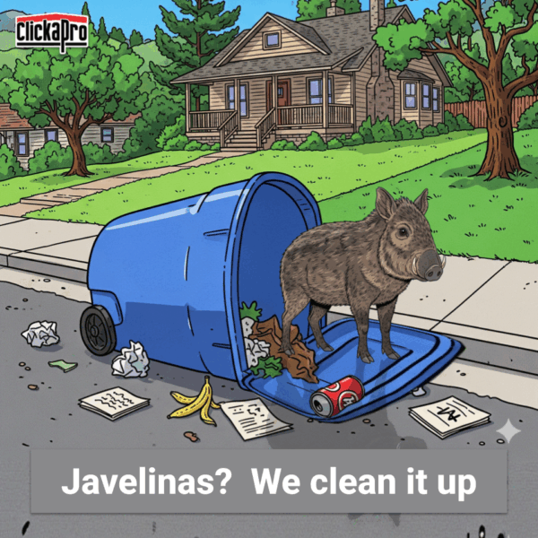 A trash can in Prescott that has been pushed over and spilled by a javelina. But it's not a problem. With Clickapro trash to curb service, we clean up the mess.