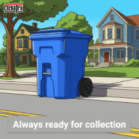 A trash bin confidently at the curb at a Prescott Arizona home. With Clickapro never miss trash day again!