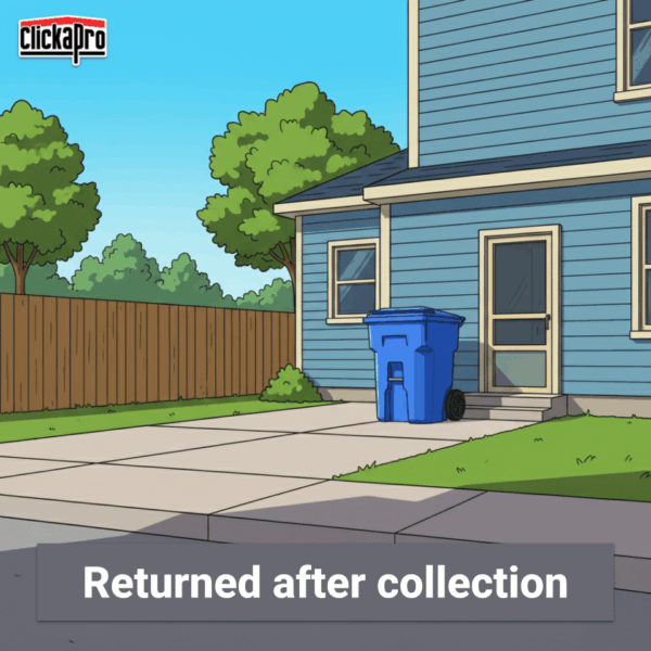A trash container returned to its place near the house. With Clickapro, we bring your trash container right back after collection day