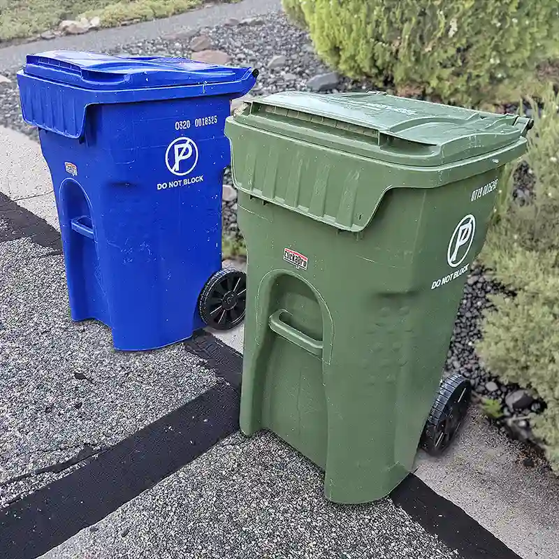 Clickapro Trash Can to Curb Service. Two trash bins placed next to the curb in Prescott, AZ.