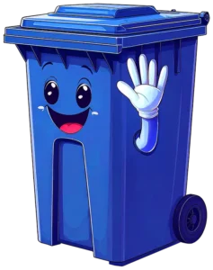 A cartoon illustration of a blue trash can with a friendly, smiling face and a hand waving.