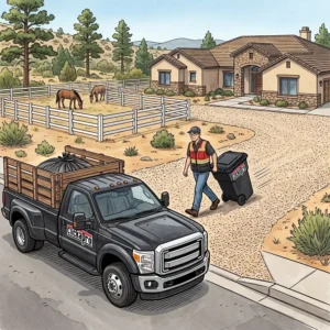 A Clickapro worker in Williamson Valley, Arizona, retrieving a trash bin from a home and wheeling it to a collection truck for full service pickup.