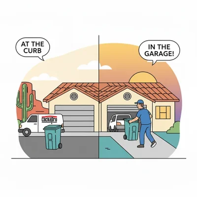 A split screen. On the left, the Clickapro vehicle has arrived to bring the trash bin back up to the garage. On the right, its stowed securely back inside the garage.