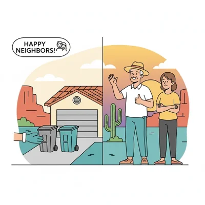 Happy Arizona neighbors waving. They are happy because Clickapro takes care of bringing the trash bins up from the street each week.