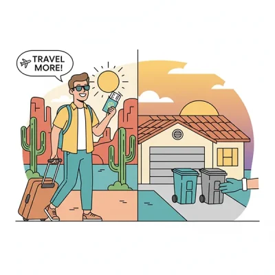 An Arizona resident walking with his luggage and passport. He can travel more because Clickapro brings his trash cans in when he is gone.