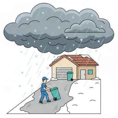 A Clickapro Pro taking the trash up to the house from the curb in stormy weather. There is a storm cloud above and snow on the ground.